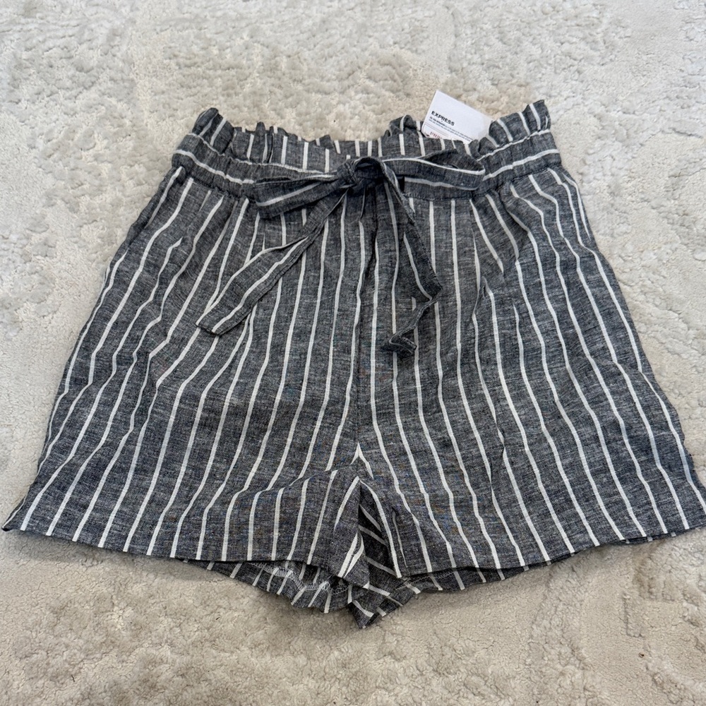 Express Charcoal and White Striped High-Waist Shorts